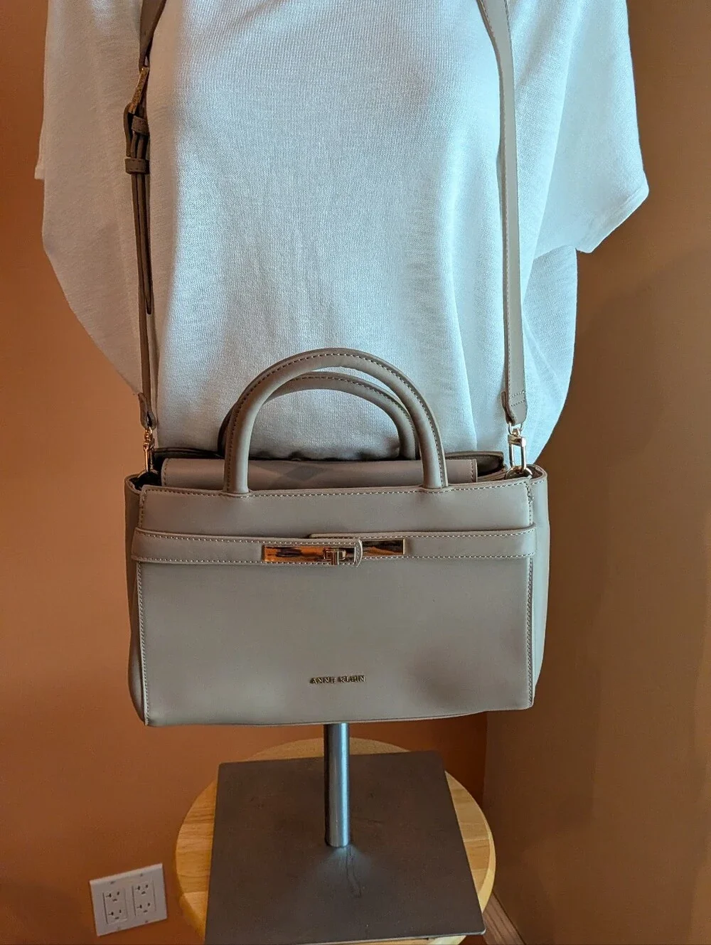 Anne Klein Taupe Structured Top-Handle Satchel with Detachable Strap